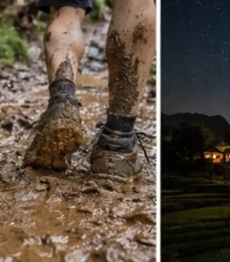 Illustrative close-up of muddy hiking boots on a wet trail