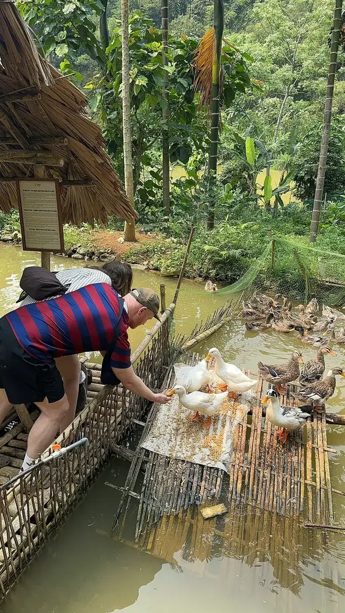 Rectangular pond beside wooden houses and a packed-earth yard